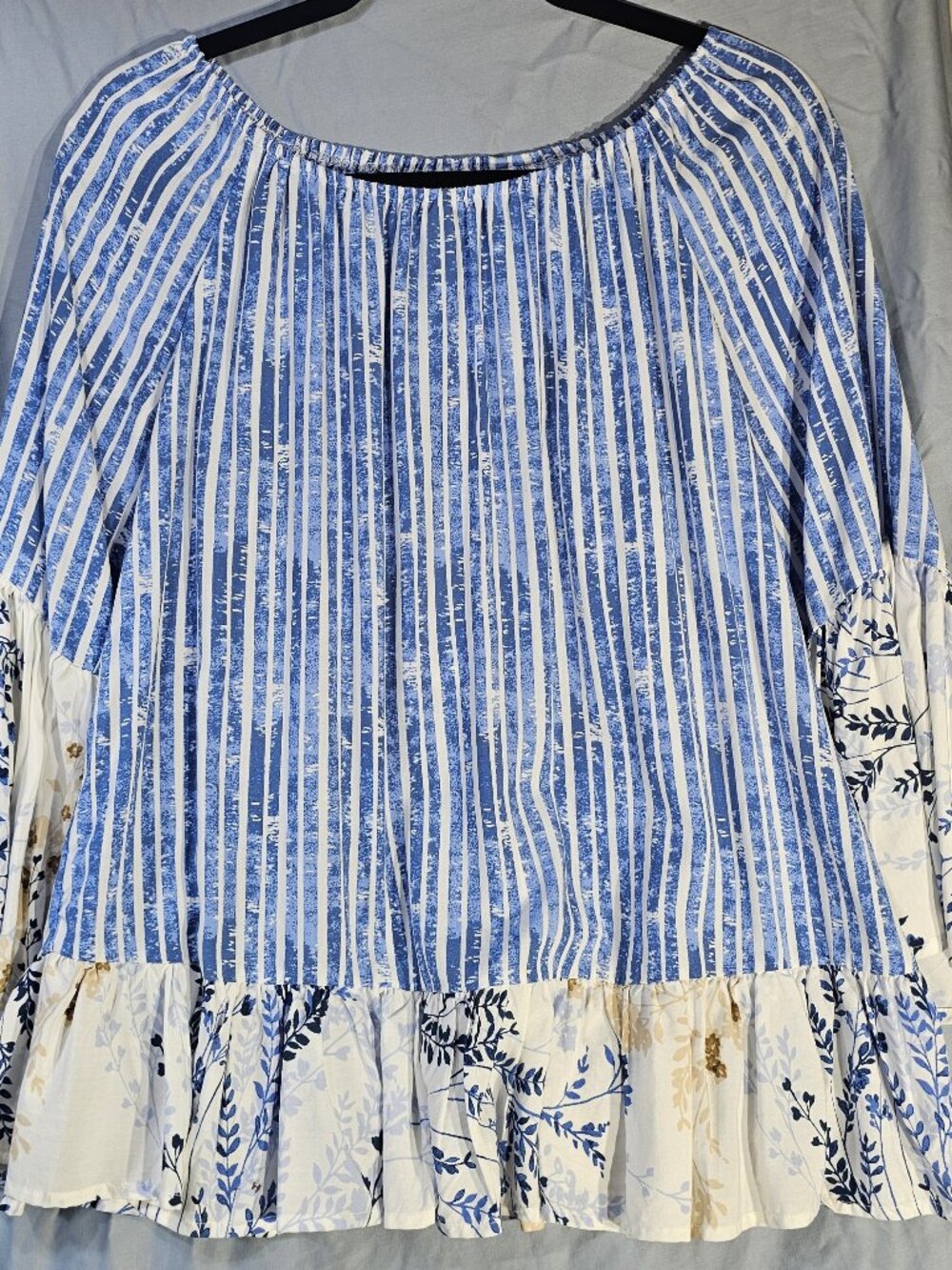 Spense Boho Peasant Blouse M Medium Blue White Striped Floral Ruffle Bell Sleeve